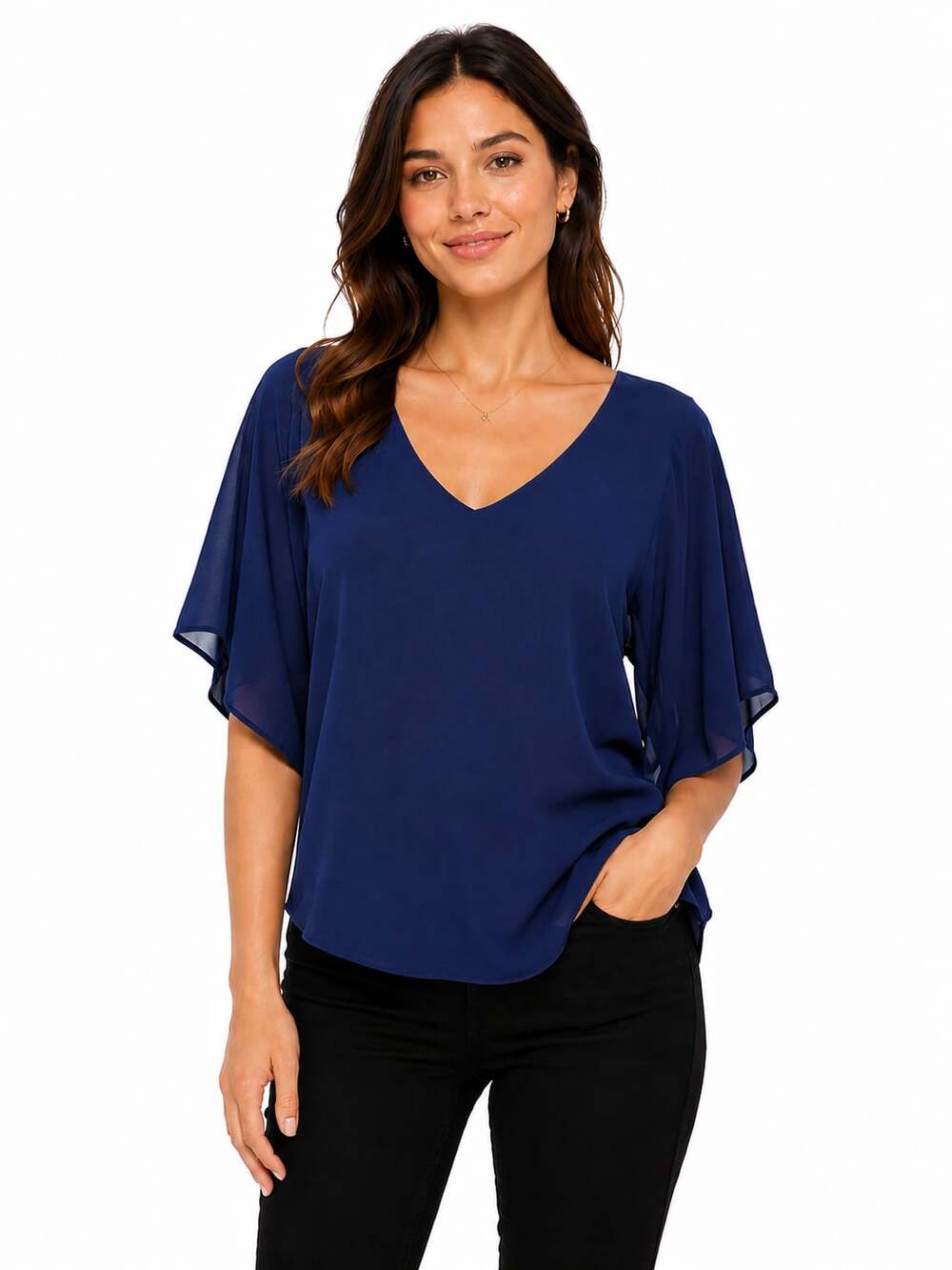 White House Black Market Blue Chiffon V-Neck Flutter Sleeve Top Size XS